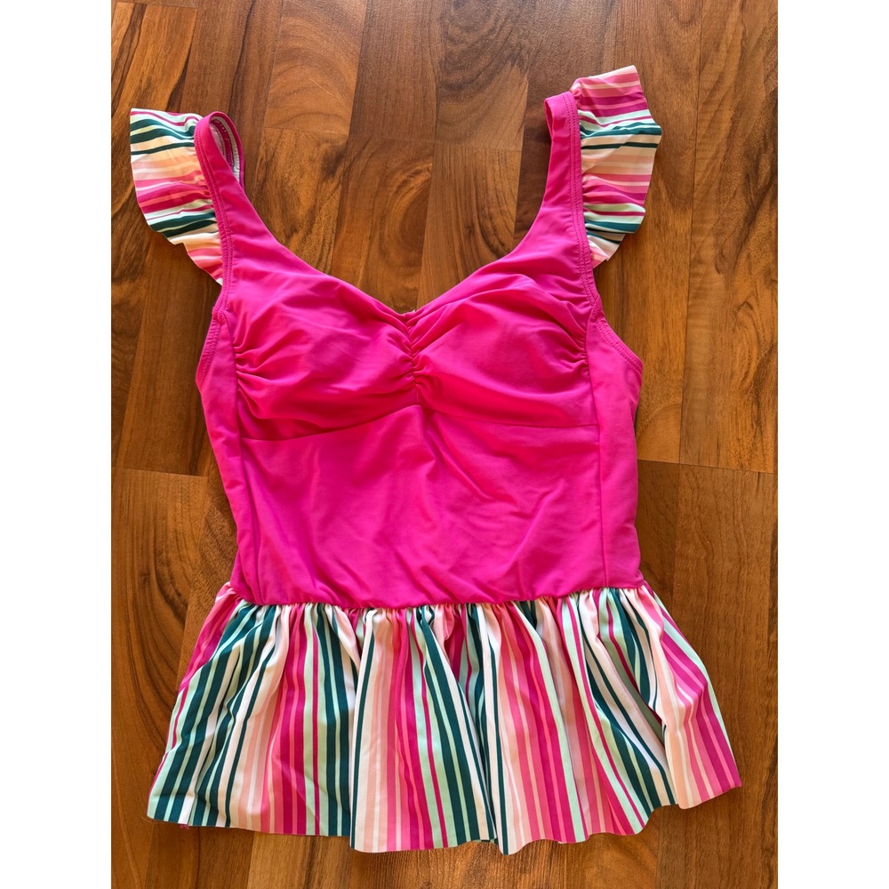 Matilda Jane Pink Striped Peplum Tankini Swim‎ Top Ruffle Straps women  Size S